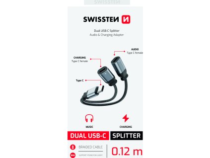 NABÍJECÍ AUDIO ADAPTÉR SWISSTEN TEXTILE USB-C (samec) / 2x USB-C (samice) 0,12 M ČERNÝ