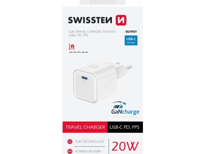 SWISSTEN SIEŤOVÝ ADAPTÉR GaN 1x USB-C 20W POWER DELIVERY BIELÝ