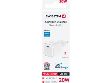 SWISSTEN SÍŤOVÝ ADAPTÉR GaN 1x USB-C 20W POWER DELIVERY BÍLÝ