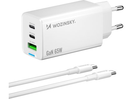 Nabíječka Wozinsky GaN 65W s 2xUSB-C USB porty a 65W CC kabelem - bílá