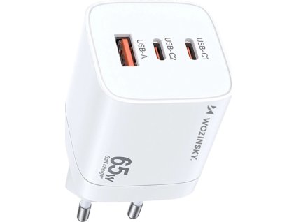 Wozinsky CGWCW 65W USB-A / 2 x USB-C GaN nabíjačka do siete - biela