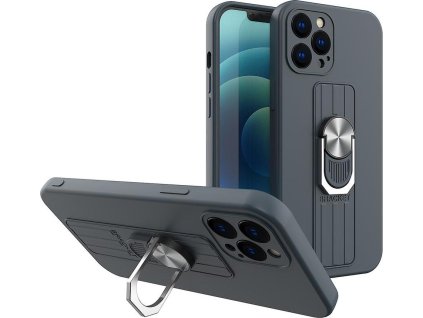 Silikonový kryt Ring Case s úchopem pro prsty a stojánkem pro iPhone 13 Pro tmavě modrý