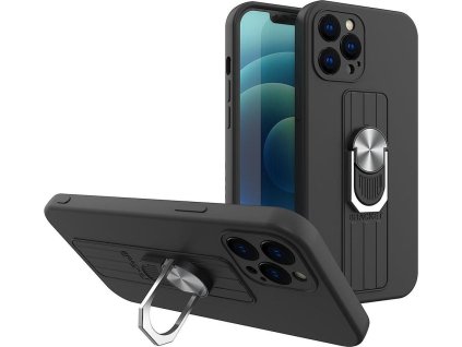 Silikonový kryt Ring Case s úchopem pro prsty a stojánkem pro iPhone 13 mini, černý
