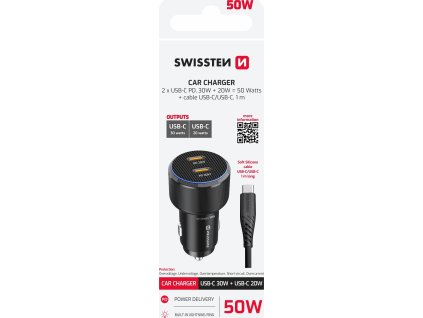 SWISSTEN CL ADAPTÉR 2x USB-C PD, 50W ČERNÝ + KABEL USB-C / USB-C, 1 M
