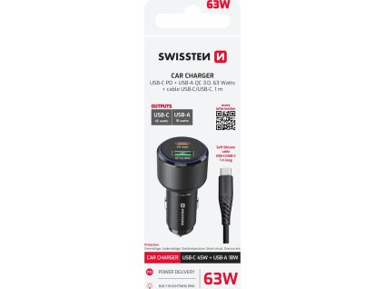 SWISSTEN CL ADAPTÉR USB-C PD + USB-A, 63W ČERNÝ + KABEL USB-C / USB-C, 1 M
