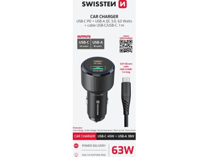 SWISSTEN CL ADAPTÉR USB-C PD + USB-A, 63W ČERNÝ + KABEL USB-C / USB-C, 1 M
