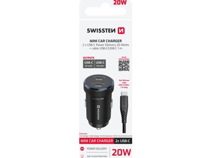 SWISSTEN CL ADAPTÉR 2x USB-C PD, 20W ČERNÝ + KABEL USB-C / USB-C, 1 M