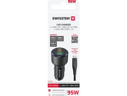 SWISSTEN CL ADAPTÉR 2x USB-C PD + USB-A, 95W ČIERNY + KÁBEL USB-C / USB-C, 1 M