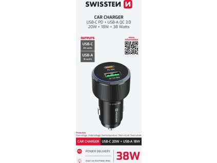 SWISSTEN CL ADAPTÉR USB-C PD + USB-A, 38W ČERNÝ
