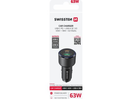 SWISSTEN CL ADAPTÉR USB-C PD + USB-A, 63W ČERNÝ