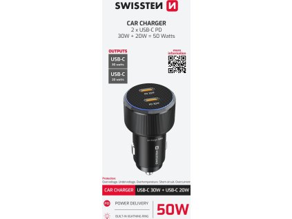 SWISSTEN CL ADAPTÉR 2x USB-C PD, 50W ČIERNY