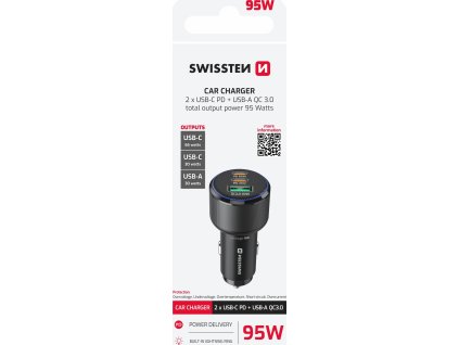 SWISSTEN CL ADAPTÉR 2x USB-C PD + USB-A, 95W ČERNÝ