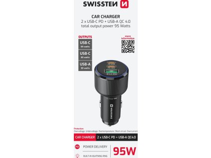 SWISSTEN CL ADAPTÉR 2x USB-C PD + USB-A, 95W ČERNÝ