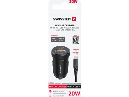 SWISSTEN CL ADAPTÉR USB-C PD + USB-A, 20W ČIERNY + KÁBEL USB-C / USB-C, 1 M