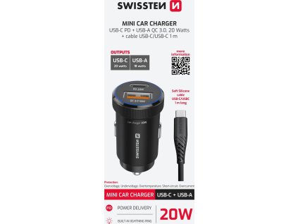 SWISSTEN CL ADAPTÉR USB-C PD + USB-A, 20W ČIERNY + KÁBEL USB-C / USB-C, 1 M