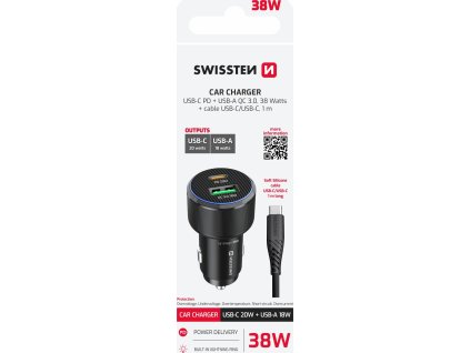 SWISSTEN CL ADAPTÉR USB-C PD + USB-A, 38W ČERNÝ + KABEL USB-C / USB-C, 1 M