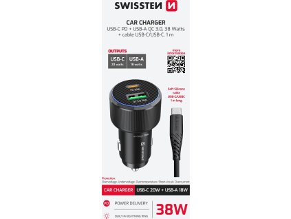 SWISSTEN CL ADAPTÉR USB-C PD + USB-A, 38W ČERNÝ + KABEL USB-C / USB-C, 1 M