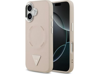 Pouzdro Guess Magsafe z umělé kůže s trojúhelníkovým logem, stříbrné, kovové, s rámečkem pro fotoaparát, pro iPhone 17, růžové