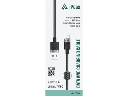 iPEAX TEXTILNÍ KABEL USB-A / USB-C 1M, USB 2.0 ČERNÝ