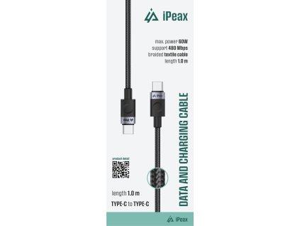 iPEAX TEXTILNÍ KABEL USB-C / USB-C 1M, USB 2.0 ČERNÝ