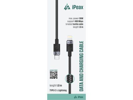 iPEAX TEXTILNÍ KABEL USB-C / LIGHTNING 1M, USB 2.0 ČERNÝ