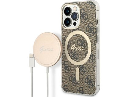 Sada Guess GUBPP13LH4EACSW pouzdro + nabíječka pro iPhone 13 Pro hnědé/hnědé pevné pouzdro 4G s potiskem MagSafe