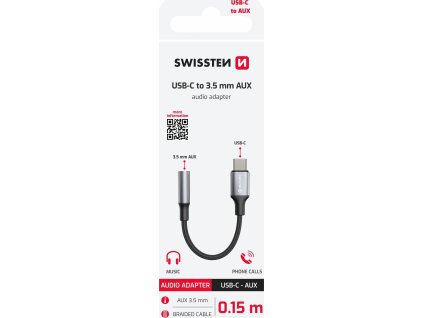AUDIO ADAPTÉR SWISSTEN TEXTILE USB-C (samec) / 3,5mm AUX 0,15 M ČERNÝ