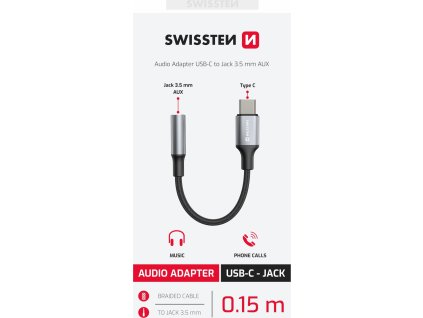 AUDIO ADAPTÉR SWISSTEN TEXTILE USB-C (samec) / 3,5mm AUX 0,15 M ČERNÝ