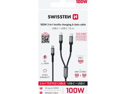 SWISSTEN NABÍJECÍ KABEL 2v1 100W USB-C / 2x USB-C 1,5 M ČERNÝ