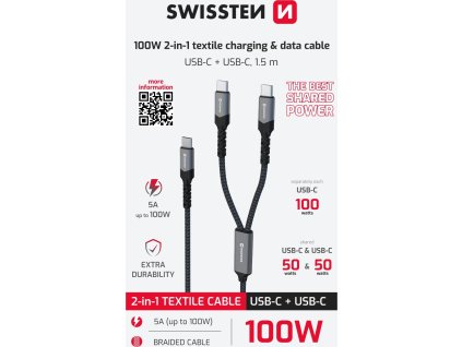 SWISSTEN NABÍJACÍ KÁBEL 2v1 100W USB-C / 2x USB-C 1,5 M ČIERNY