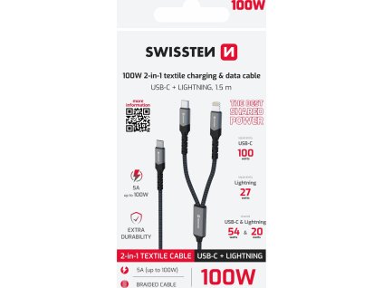 SWISSTEN NABÍJACÍ KÁBEL 2v1 100W USB-C / USB-C + LIGHTNING 1,5 M ČIERNY