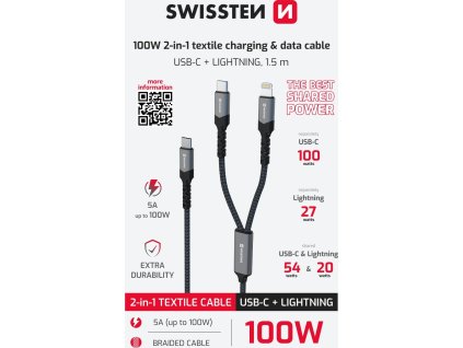 SWISSTEN NABÍJACÍ KÁBEL 2v1 100W USB-C / USB-C + LIGHTNING 1,5 M ČIERNY