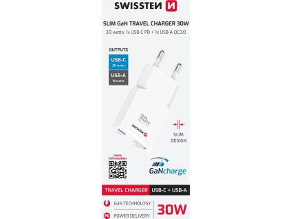 SWISSTEN TENKÝ SÍŤOVÝ ADAPTÉR GaN USB-C + USB-A 30W BÍLÝ