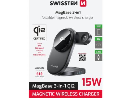 SWISSTEN SKLÁDACÍ BEZDRÁTOVÁ Qi2 NABÍJEČKA MagBase 3v1 ČERNÁ (kompatibilní s MagSafe)