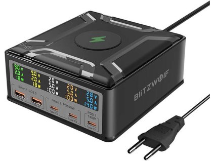 Blitzwolf BW-S28 260W, 2xUSB-A, 3xUSB-C, 15W stanica s bezdrôtovým nabíjaním Qi (black)