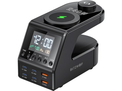 Budík Blitzwolf BW-FW10 s GaN a bezdrátovou nabíječkou 2xUSB-A, 4xUSB-C, 240W