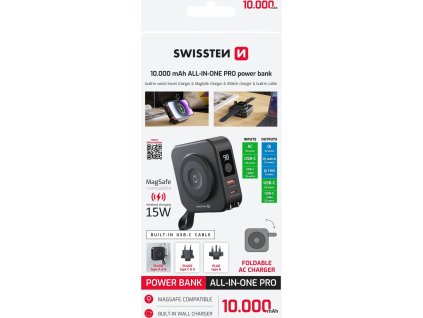 SWISSTEN POWER BANK ALL-IN-ONE PRE S VÝMENNÝMI VIDLICIAMI (USA, EU, UK) 10000 mAh 20W ČIERNA