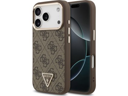 Guess PU Leather 4G Strass Triangle Logo Gold Frame MagSafe Zadní Kryt pro iPhone 17 Pro Brown