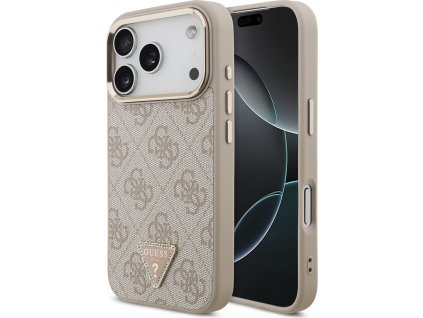 Guess PU Leather 4G Strass Triangle Logo Gold Frame MagSafe Zadní Kryt pro iPhone 17 Pro Pink