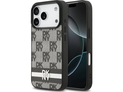 DKNY PU Leather Checkered Pattern and Stripe Zadní Kryt pro iPhone 17 Pro Black