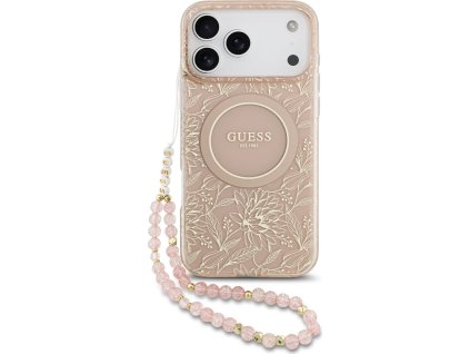 Guess IML Flowers Allover Strap MagSafe Zadní Kryt pro iPhone 17 Pro Max Pink