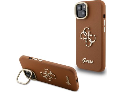 Guess PU Grained 4G Logo Stand Camera Frame Zadní Kryt pro iPhone 13 Brown