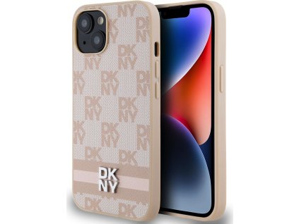 DKNY PU Leather Checkered Pattern and Stripe Zadní Kryt pro iPhone 13 Pink