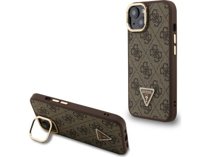 Guess PU 4G Strass Triangle Logo Stand Camera Frame MagSafe Zadný Kryt pre iPhone 13 Brown