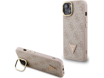 Guess PU 4G Strass Triangle Logo Stand Camera Frame MagSafe Zadní Kryt pro iPhone 13 Pink
