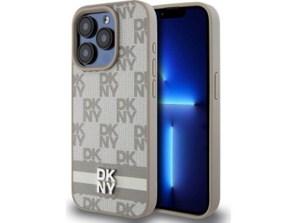 DKNY PU Leather Checkered Pattern and Stripe Zadní Kryt pro iPhone 15 Pro Max Beige