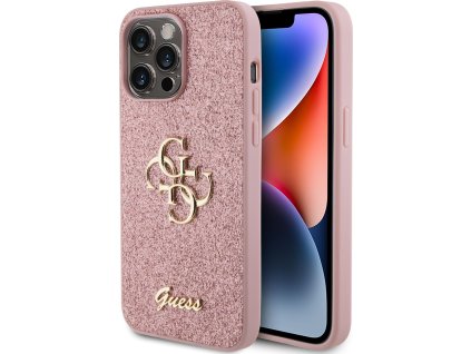 Guess PU Fixed Glitter 4G Metal Logo Zadní Kryt pro iPhone 15 Pro Max Pink