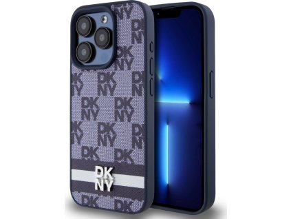 DKNY PU Leather Checkered Pattern and Stripe Zadný Kryt pre iPhone 15 Pro Blue