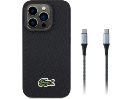 Lacoste Iconic Petit Pique Woven Logo MagSafe Zadný Kryt pre iPhone 15 Pro Black + USB-C/USB-C Dátový Kábel