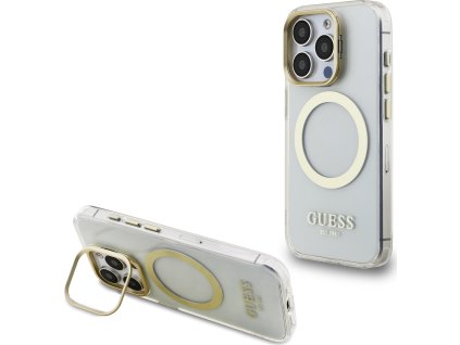 Guess IML Gold Outline Stand Camera Frame MagSafe Zadní Kryt pro iPhone 15 Pro Transparent